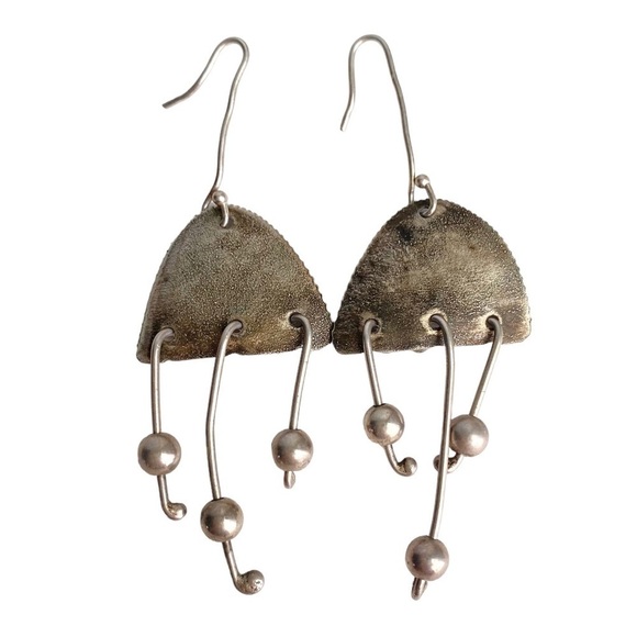 Vintage Modernist Silver Earrings Drop Dangle Brutalist MCM Retro - Picture 1 of 7